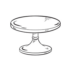 Hand-drawn vector sketch of a glossy cake stand, perfect for displaying cakes, pastries, and fruits. Its smooth surface, sleek backdrop, template for showcasing your products. for weddings, birthdays