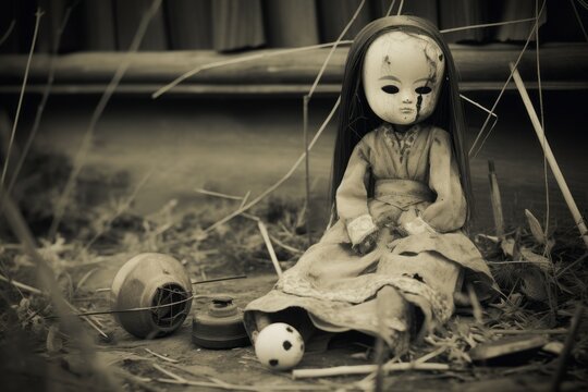 Japanese creepy doll in monochromatic sepia tones