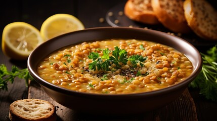 Ruddy lentil soup with a cut of lemon and breadcrumbs