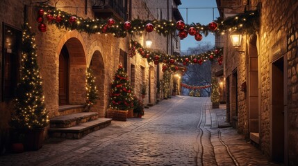 Fototapeta na wymiar Road in a Christmas night in an ancient town