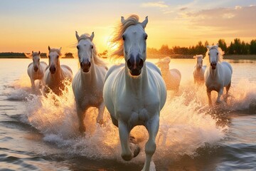 AI generated illustration of a herd of wild horses running in the sea at sunset - obrazy, fototapety, plakaty