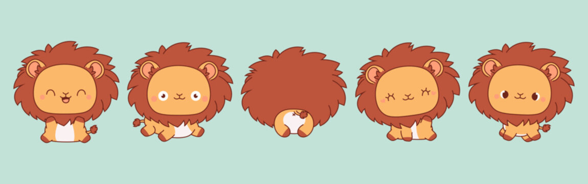 Set of Vector Cartoon Baby Animal Illustrations. Collection of Kawaii Isolated Baby Lion Art for Stickers, Prints for Clothes, Baby Shower, Coloring Pages