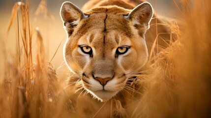 Puma stalking within the grass near up of a puma - obrazy, fototapety, plakaty