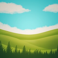 Obraz premium Natural Green Pine Mountain Field Landscape Natural View on Blue Sky Graphic Cartoon Wallpaper Background