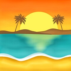 Fototapeta na wymiar Mountain Island with Palm Trees Landscape Natural View on Sunset Sky Graphic Cartoon Wallpaper Background