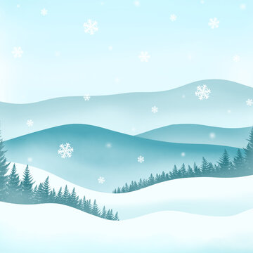 Snowy Mountain Pine Forest with Snowflake Landscape Natural View in Winter Season Graphic Cartoon Wallpaper Background