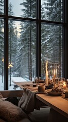 Rustic Winter Dwelling: House with Nordic Forest Scenery, Wine, and Candlelight.
