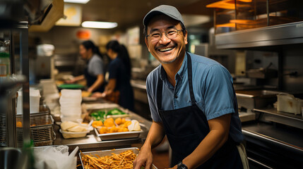 portrait of an asian smiling chef working in a restaurant kitchen