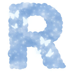 cloud blue R alphabet with butterflies and sparkles