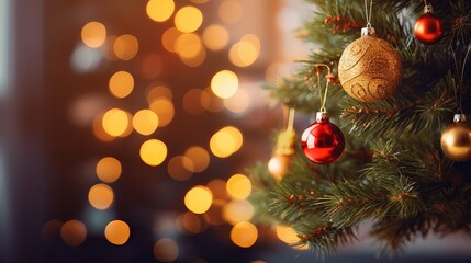 Festive Christmas tree with colorful ornaments and lights on a bokeh background with copy space
