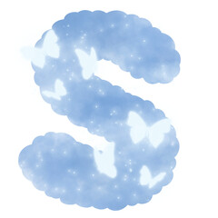 cloud blue S alphabet with butterflies and sparkles