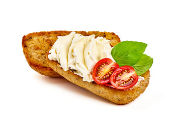 Sandwich with soft cheese, isolated on white background.