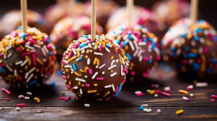 Delicious cake pops with frosting, chocolate, and sprinkles on a white plate - obrazy, fototapety, plakaty