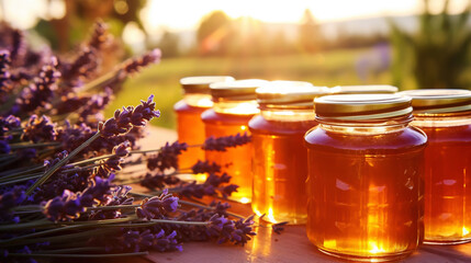 Jars of organic flower honey on a wooden table, with lavender, sunset in the background. Generative AI - obrazy, fototapety, plakaty