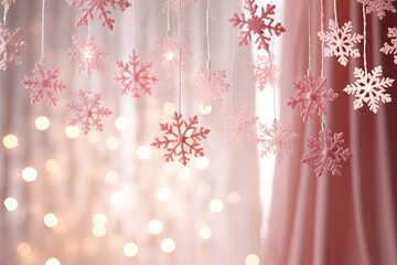 Christmas pink background with snowflakes, pink winter background 