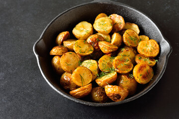 Roasted potatoes in frying pan