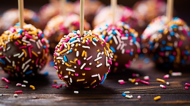 Delicious cake pops with frosting, chocolate, and sprinkles on a white plate