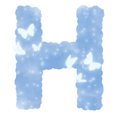 cloud blue H alphabet with butterflies and sparkles