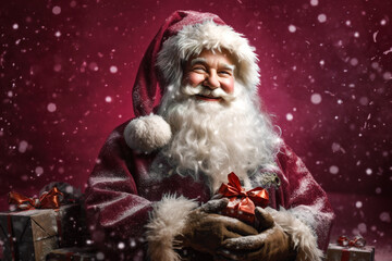 Generative AI image of portrait of smiling Santa Claus in gloves with long beard looking at camera while standing with gift boxes in snow fall against burgundy background