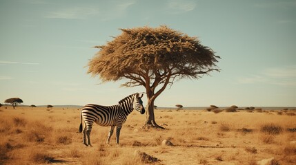 Wide shot of a lovely separated single tree in a safari with two zebras brushing the grass close it