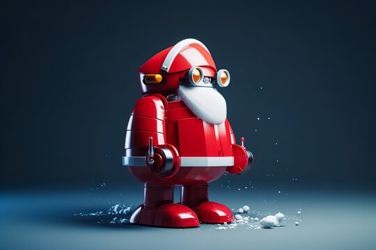 Generative AI image of Santa Clause bot with headphones sunglasses long gray beard looking away while standing on floor with snow and lifting weights bar against blue backdrop