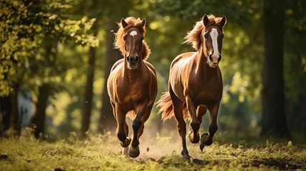 Fotobehang Two wild chestnut steeds running together in clean front see © Ruslan