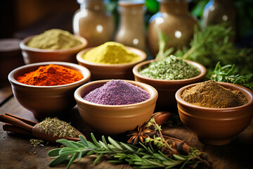 Colored dried herbs, spices and powders in ceramic bowls on a wooden table
