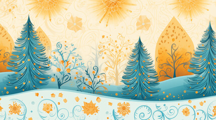 Fototapeta na wymiar Festive Decorative Tile Pattern with Whimsical Folk-Inspired Motifs and Festive Compositions in Light-Yellow, Light-Orange, Light-Cyan Color Palette