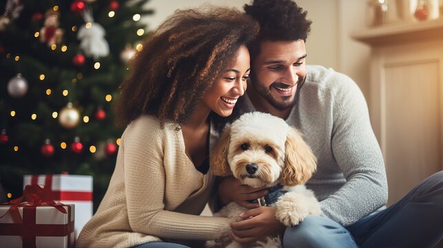 Upbeat interracial family having fun at domestic at christmas time, being together, sitting on floor, playing with christmas their charming canine and grinning