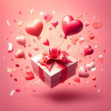 Photo, Falling gift box, surrounded by red and pink hearts, confetti, valentine's day celebrate
