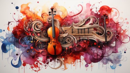 Illustration of music symbols, instruments and notes in colorful watercolors