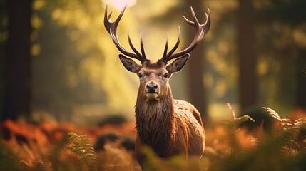Sunlit ruddy deer stag with modern horns developing confronting camera in summer nature - Powered by Adobe