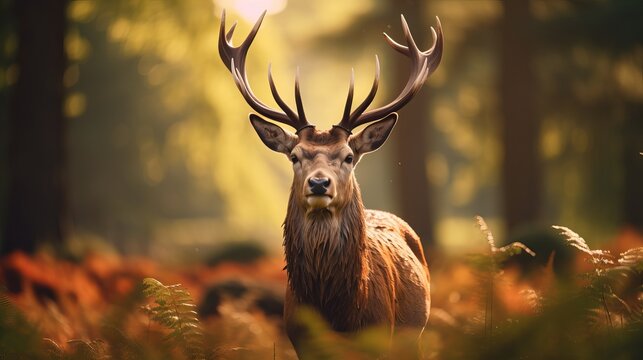 Sunlit ruddy deer stag with modern horns developing confronting camera in summer nature