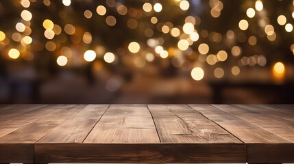 Cozy Christmas atmosphere: empty wooden table with abstract warm living room decor, string lights, snowy background - ideal for holiday advertising