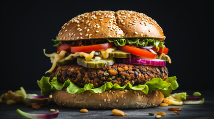 Vegan lentil burger with veggies on gray background
