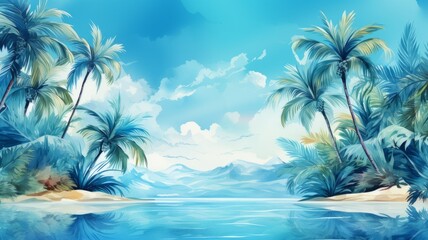 Fototapeta na wymiar Abstract watercolor. Peaceful beach paradise with palm trees and crystal clear water.