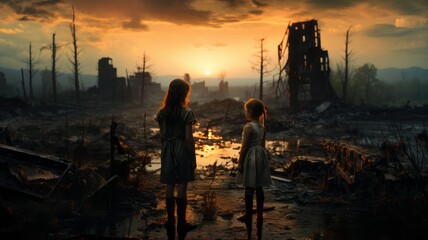 CHILDREN IN WAR. CHILDREN STAND IN FRONT OF A RUINE. - obrazy, fototapety, plakaty