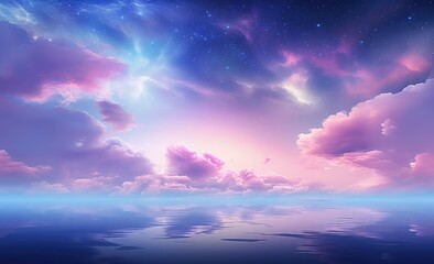 Amazing beautiful fantasy blue and pink starry night sky stars and clouds wallpaper background.