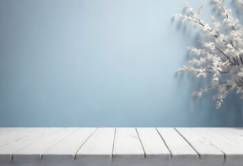 Painting 3d style, Soft Focus Empty white wooden table, Simple and elegant luxury. background image of the New Year Festival, Christmas soft pastel blue tones.