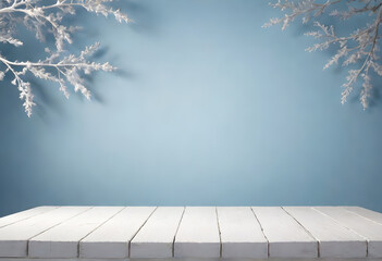 Painting 3d style, Soft Focus Empty white wooden table, Simple and elegant luxury. background image of the New Year Festival, Christmas soft pastel blue tones.
