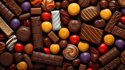 various colorful chocolate candies, top view colorful  candy background - obrazy, fototapety, plakaty