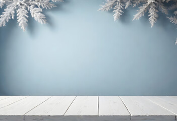 Painting 3d style, Soft Focus Empty white wooden table, Simple and elegant luxury. background image of the New Year Festival, Christmas soft pastel blue tones.