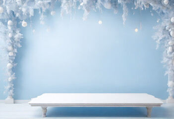 Obraz premium Painting 3d style, Soft Focus Empty white wooden table, Simple and elegant luxury. background image of the New Year Festival, Christmas soft pastel blue tones.