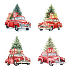Red retro car with gift box and christmas tree on top and snow watercolor paint for holiday greeting card design