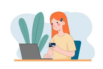 Woman making online electronic payment with laptop and bank card. Man buying. through internet and paying for it using computer. Colored flat vector illustration isolated on white background