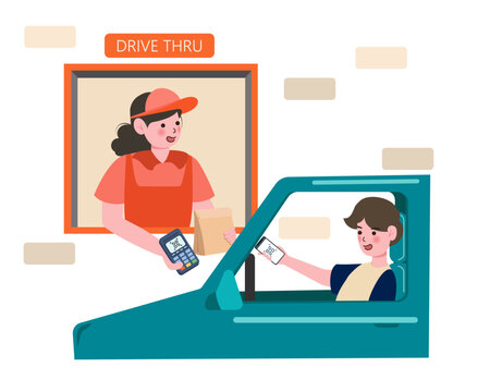 Payment from Car, Drive Thru System. Characters Pay for Takeaway Food Service with payment system or scan qr code. Customer Purchase Goods without Leaving Auto. Vector Illustration