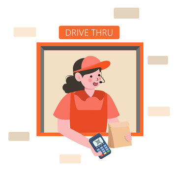 Payment from Car, Drive Thru System. Takeaway Food Service with payment system or scan qr code. Customer Purchase Goods without Leaving Auto. Vector Illustration
