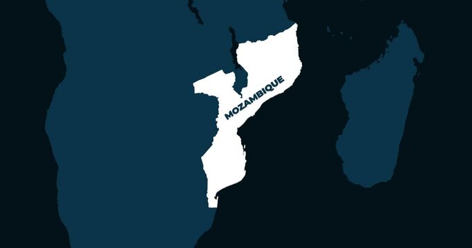 World Map Zoom In To Mozambique. Animation in 4K Video. White Mozambique Territory On Dark Blue World Map