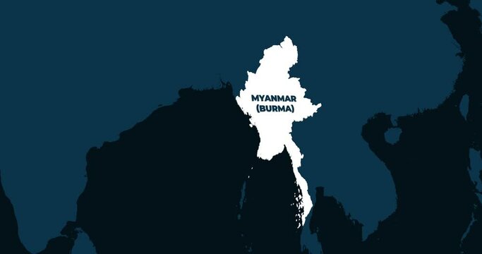 World Map Zoom In To Myanmar (Burma). Animation in 4K Video. White Myanmar (Burma) Territory On Dark Blue World Map