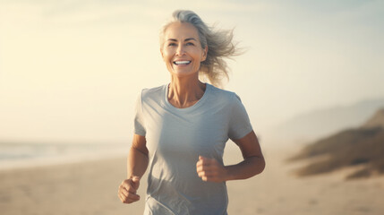 fit and happy middle aged woman running on the beach - 40s or 50s attractive mature lady with grey hair doing jogging workout enjoying fitness and healthy lifestyle at beautiful sea landscape - obrazy, fototapety, plakaty